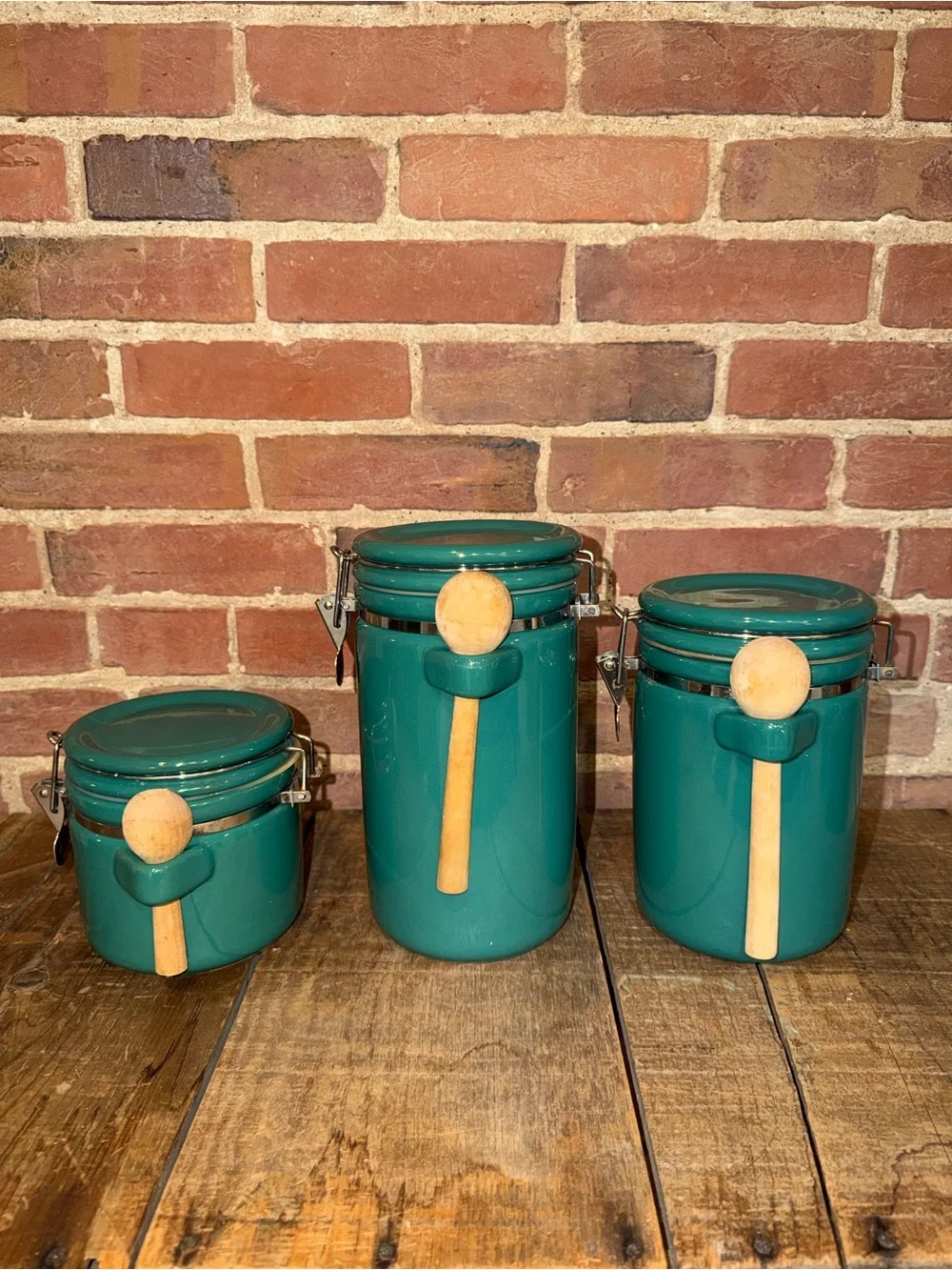 Teal Green Ceramic Airtight Canister Set with Wooden Spoons Cookware